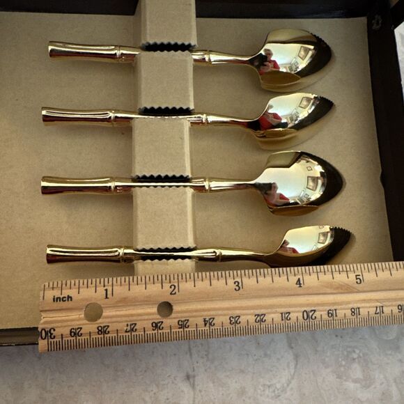 Supreme Cutlery 4 Gold Electroplated Grapefruit Fruit Spoons Bamboo, Boxed Set - Picture 5 of 9